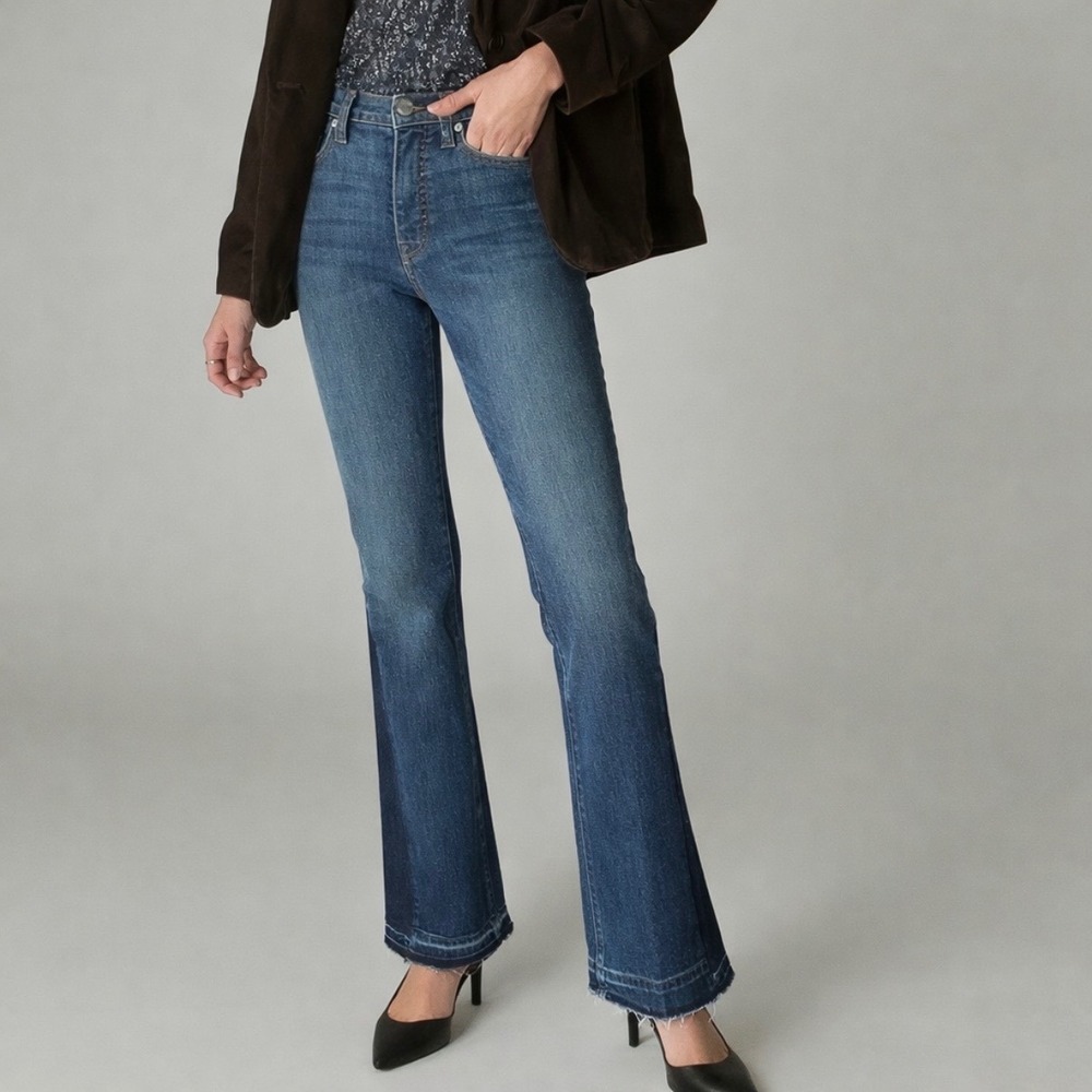 NWT Lucky Brand Stevie High Rise Flare Jeans 6/28 Two Tone Released Raw Hem Boho